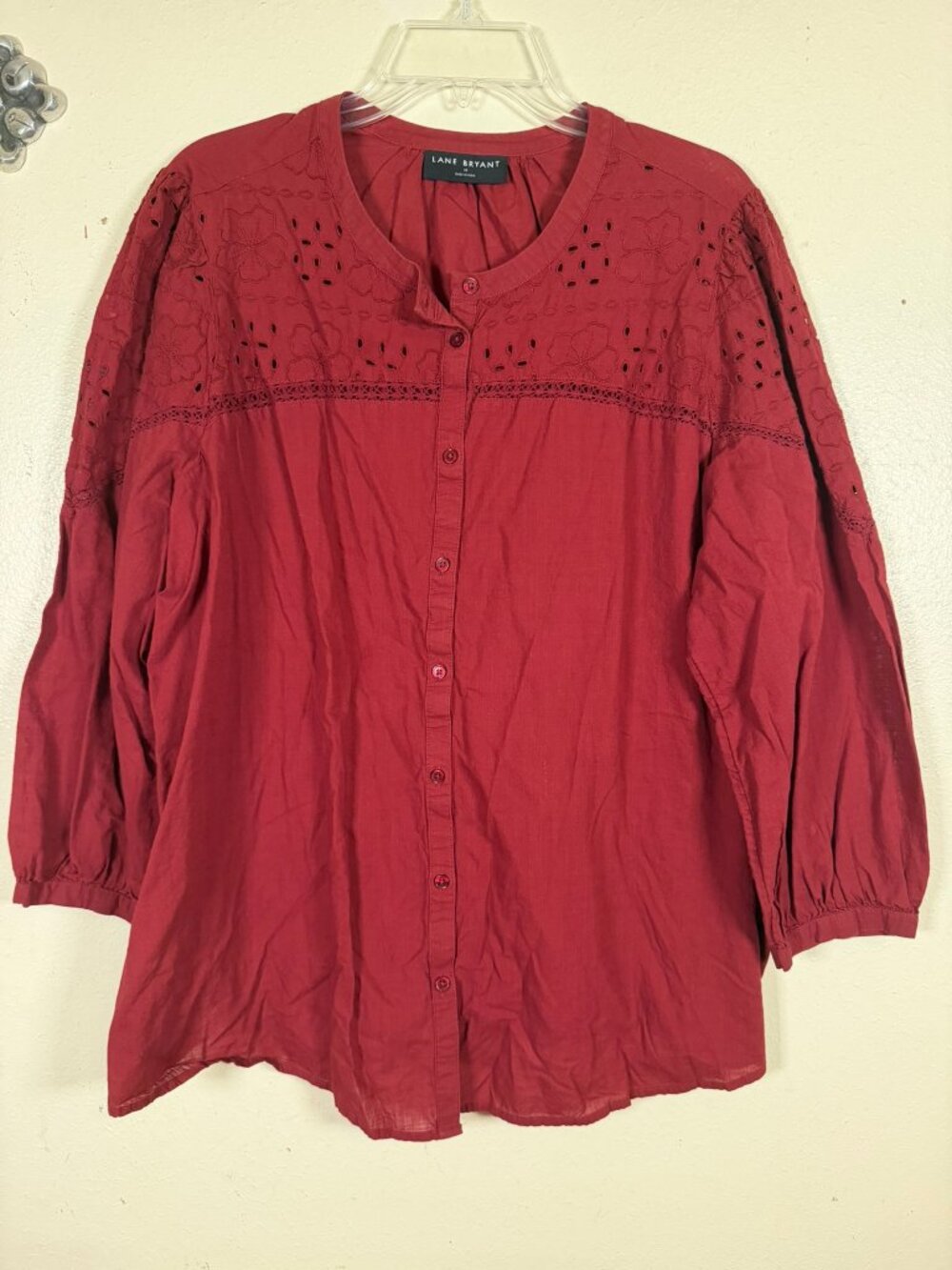 Lane Bryant 18 Red Eyelet Embroidered Button Front Peasant Blouse